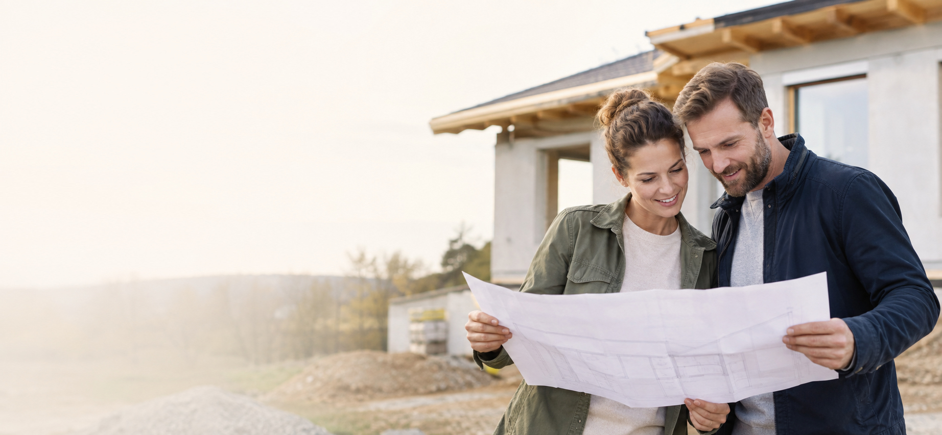 Paar plant gemeinsam den Bau seines zukünftigen Zuhauses